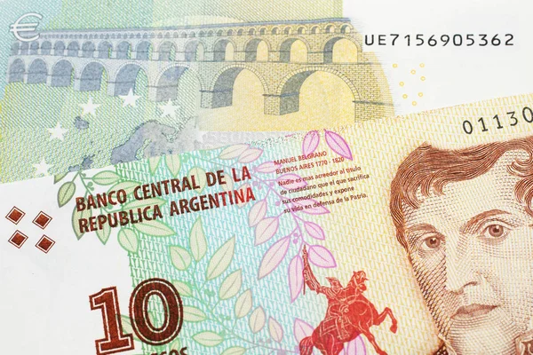 Billete Diez Pesos Argentina Primer Plano Macro Con Billete Rojo — Foto de Stock