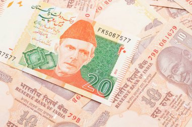 A close up image of an orange and ten Pakistani rupee bank note with Indian twenty rupee bank notes in macro