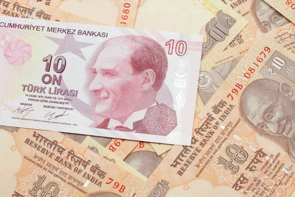 Close Image Red Ten Turkish Lira Bank Note Background Indian — ストック写真