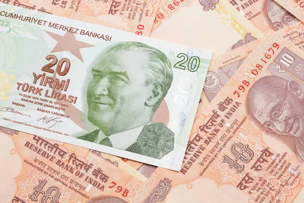 Close Image Green Twenty Turkish Lira Bank Note Background Indian — Stockfoto