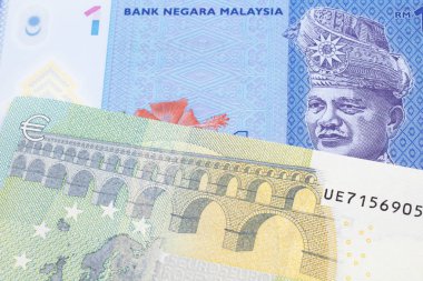 Avrupa Merkez Bankası 'ndan 5 Euro' luk banknotla birlikte makroda bir halka şeklinde mavi bir Malezya banknotu.