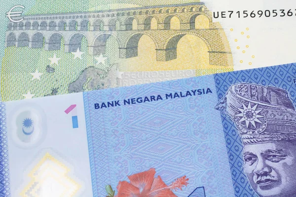 Blå Ringgit Malaysisk Sedel Nära Makro Med Femeurosedel Från Europeiska — Stockfoto