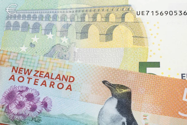 A colorful five dollar bill from New Zealand, close up in macro with a five euro bank note from the European Union