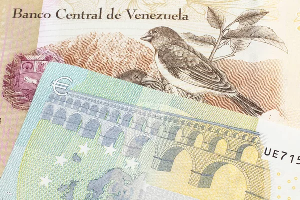 A one hundred Bolivar note from Venezuela with a five Euro note from the European Union eurozone close up in macro