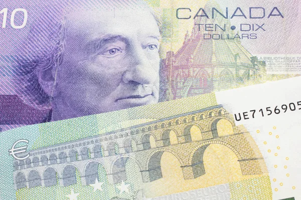 Close Macro Shot Purple Ten Canadian Dollar Bill Five Euro — Stock Photo, Image