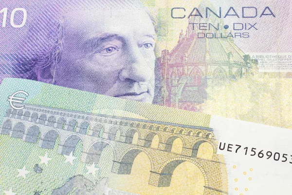 Close Macro Shot Purple Ten Canadian Dollar Bill Five Euro — Stock Photo, Image