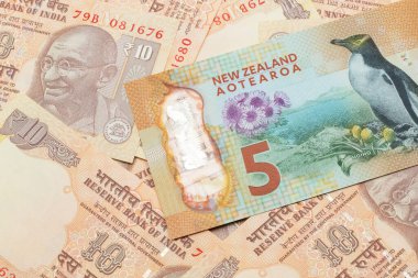 Yeni Zelanda 5 dolarlık banknotun yakın plan görüntüsü. Üzerinde Hindistan 10 rupilik makro banknotlar var.