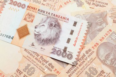 Hindistan bankasının arka planında iki bin Tanzanya şilinlik banknotunun yakın plan görüntüsü.