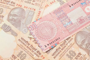 Bangladeş 'ten gelen kırmızı bir banknotun yakın plan görüntüsü. Hindistan' ın yatağında 10 rupilik makro banknotlar halinde.