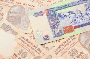 Belize 'den gelen renkli 2 dolarlık banknotun yakın plan görüntüsü makroda 10 rupilik Hint banknotları.