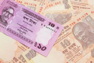 Bangladeş 'ten gelen kırmızı bir banknotun yakın plan görüntüsü. Hindistan' ın yatağında 10 rupilik makro banknotlar halinde.