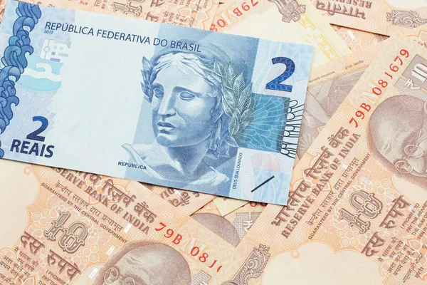 Uma Nota Banco Azul Dois Reais Brasil Fecha Macro Com — Fotografia de Stock