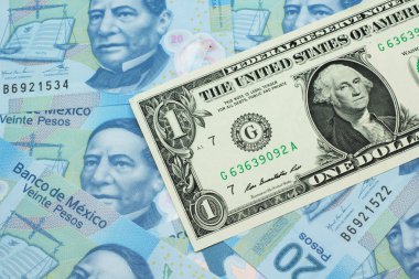Meksika banknotlu bir Amerikan banknotunun yakın plan resmi makroda 20 peso.