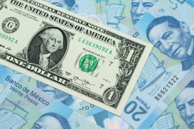Meksika banknotlu bir Amerikan banknotunun yakın plan resmi makroda 20 peso.