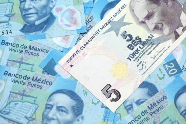 Meksika 20 pesosunun makro banknotlarının arka planında mor bir Türk lira banknotunun yakın plan görüntüsü