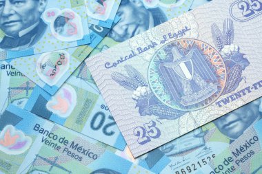 Mısırlı 25 kuruşluk banknotun yakın plan resmi. Üzerinde Meksika 20 kuruşluk makro banknotlar var.