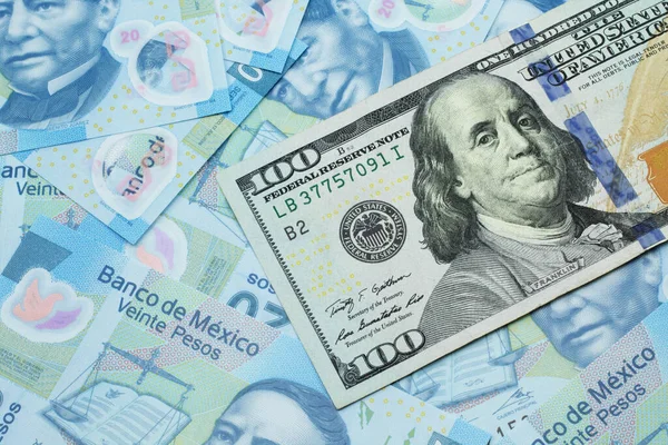 Uma Imagem Macro Uma Nova Nota Cem Dólares Americana Azul — Fotografia de Stock