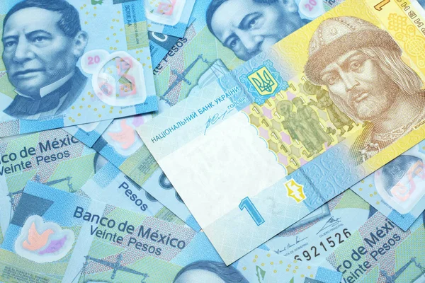 Billete Banco Hryvnia Ucraniano Azul Amarillo Una Cama Billetes Mexicanos — Foto de Stock