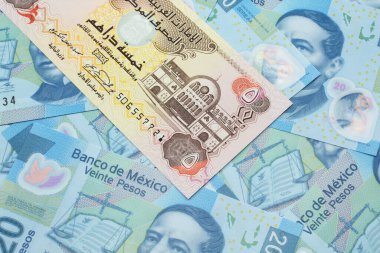 Birleşik Arap Emirlikleri 'nden gelen beş dirhem banknotun Meksika' da 20 peso değerinde makro banknotun yakın plan görüntüsü.