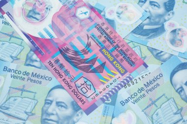 Renkli Hong Kong 'un yakın plan resmi makroda 10 dolarlık banknot Meksika' da 20 pezoluk banknotlar.
