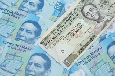 Meksika 'da bir Etiyopya doğum banknotunun yakın plan resmi. 20 pezoluk banknotlar.