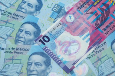 Renkli Hong Kong 'un yakın plan resmi makroda 10 dolarlık banknot Meksika' da 20 pezoluk banknotlar.