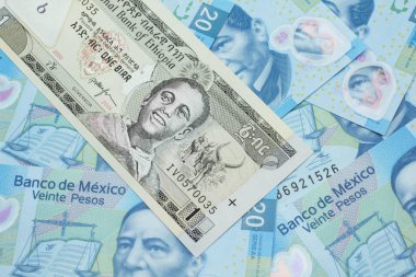 Meksika 'da bir Etiyopya doğum banknotunun yakın plan resmi. 20 pezoluk banknotlar.