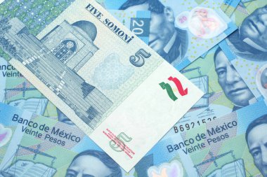 Tacikistan 'dan Meksika' ya ait 20 pezoluk banknotlar içeren beş somoni banknotunun yakın plan görüntüsü.