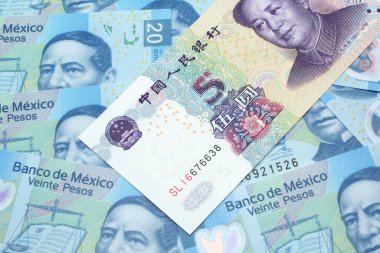 Mor bir Çin Yuan banknotunun yakın plan görüntüsü. Mavi Meksika 20 pesosunun arka planına yakın plan. Makro çekimde.