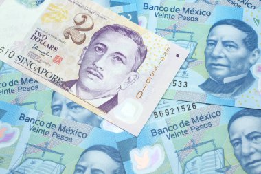 Singapur 'dan gelen iki dolarlık banknotun Meksika 20 pesosuyla yakın plan görüntüsü.