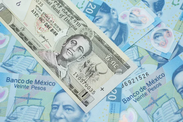 Meksika 'da bir Etiyopya doğum banknotunun yakın plan resmi. 20 pezoluk banknotlar.