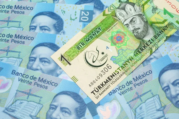 Bancnotă Manat Din Turkmenistan Închide Macro Sortiment Bancnote Mexicane Douăzeci — Fotografie, imagine de stoc