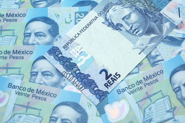 Een Blauw Twee Reais Bankbiljet Uit Brazilië Close Macro Met — Stockfoto