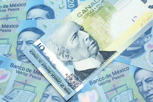 Makro Bild Blå Kanadensisk Fem Dollarsedel Bakgrund Mexikanska Tjugo Peso — Stockfoto