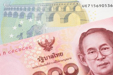 Kırmızı yüz Tayland bahtı ve Avrupa Birliği Avro Bölgesi 'nden gelen beş avroluk banknot.