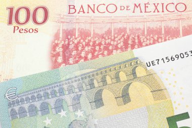 Avrupa Birliği 'nden gelen beş avroluk banknotla makroda çekilmiş 100 Meksika pesosu.