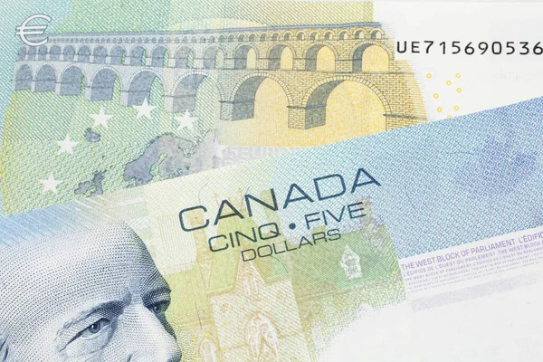 Close Macro Shot Blue Five Canadian Dollar Bill Five Euro — Stock Photo, Image