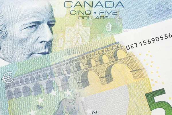 Close Macro Shot Blue Five Canadian Dollar Bill Five Euro — Stock Photo, Image