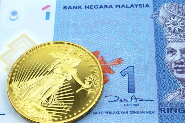 Macro Image Blue Malaysian One Ringgit Note Gold Coin Shot — Stock Photo, Image