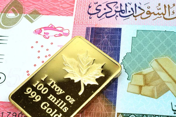 Makró Kép Egy Színes Ötven Fontos Szudáni Bankjegyről Egy Aranyrúddal — Stock Fotó