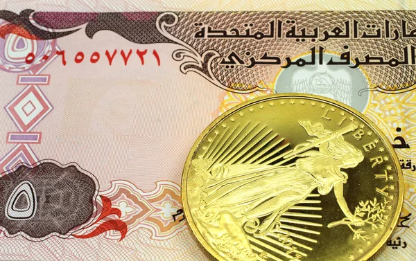 Una Imagen Macro Billete Dinares Los Emiratos Árabes Unidos Con — Foto de Stock