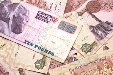 Mısır 'a ait on pound' luk banknotla Mısır 'a ait bir banknotun makrodaki bir pound' luk yakın plan resmi.
