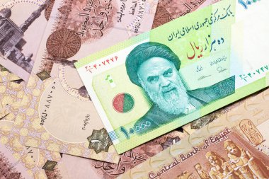 İran 'dan gelen yeşil on bin Riyal banknotun makro görüntüsü. Mısır banknotlarından birinin üzerinde. Yakın plan.