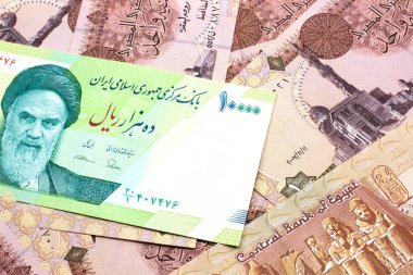 İran 'dan gelen yeşil on bin Riyal banknotun makro görüntüsü. Mısır banknotlarından birinin üzerinde. Yakın plan.