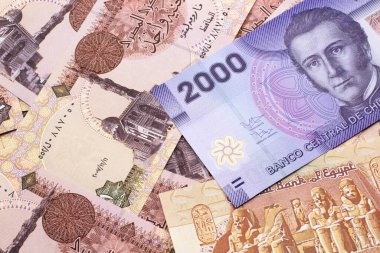 Şili 'den gelen iki bin pezoluk mor banknotun yakın plan resmi makro banknotlar halinde bir Mısırlı yatağında.
