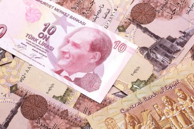 Mısır bankasının arka planında yer alan kırmızı on lira banknotun makrodaki bir pound 'luk yakın plan resmi