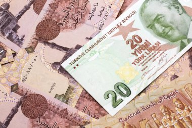 Mısır bankasının arka planında, makro banknotlarda bir pound 'luk yeşil bir Türk lira banknotunun yakın plan görüntüsü