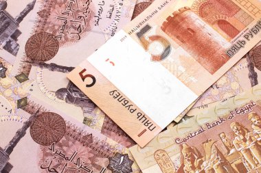 Beyaz Rusya 'dan gelen turuncu beş ruble banknot. Mısır' ın yatağında bir pound 'luk banknot. Makro boyutta.