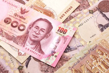 Tayland 'dan gelen kırmızı, 100 baht' lık bir banknotun yakın plan görüntüsü. Mısır 'dan bir pound' luk makro banknot.