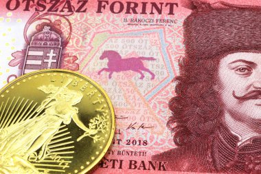 Kırmızı 500 Macar forint banknotunun altın sikkeli makro görüntüsü. Yakın çekim..